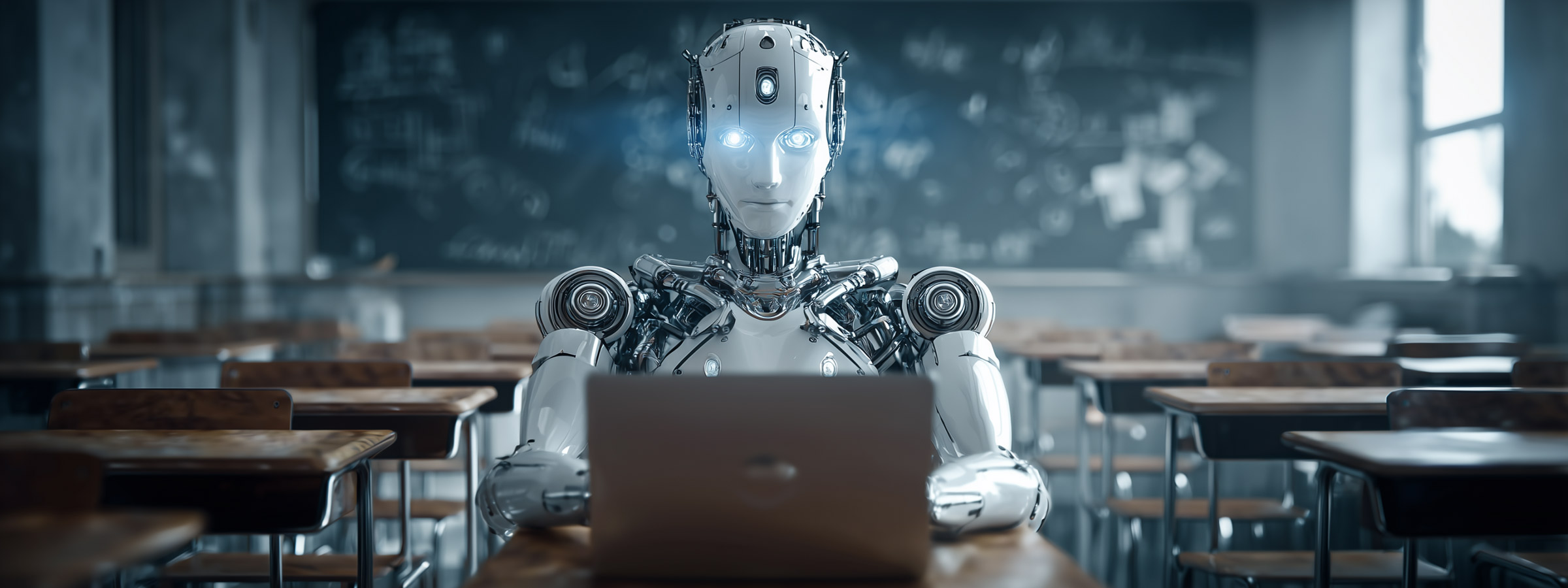 Robot at school, learning cyber awareness on a laptop